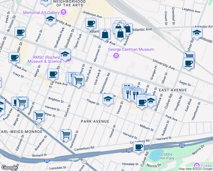 map of restaurants, bars, coffee shops, grocery stores, and more near 50 Westminster Road in Rochester