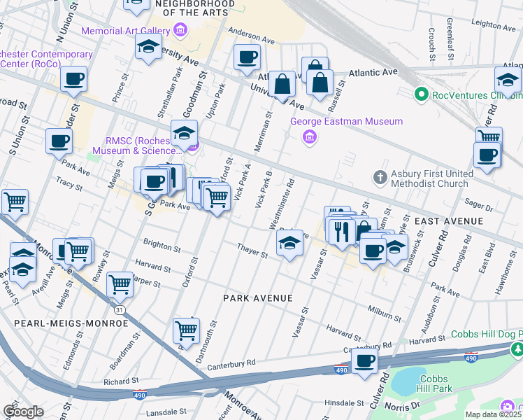 map of restaurants, bars, coffee shops, grocery stores, and more near 25 Vick Park B in Rochester