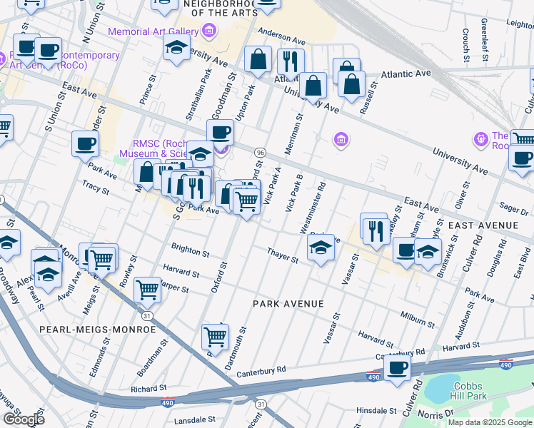 map of restaurants, bars, coffee shops, grocery stores, and more near 33 Vick Park A in Rochester