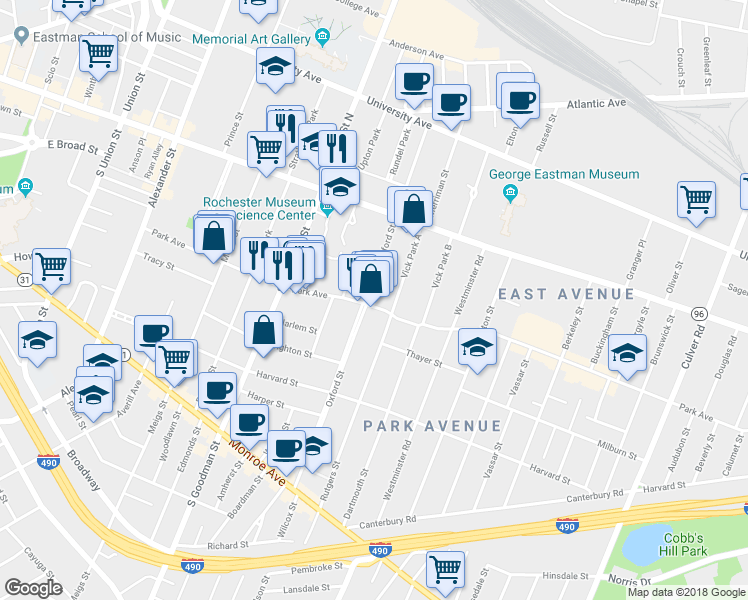 map of restaurants, bars, coffee shops, grocery stores, and more near 240 Oxford Street in Rochester