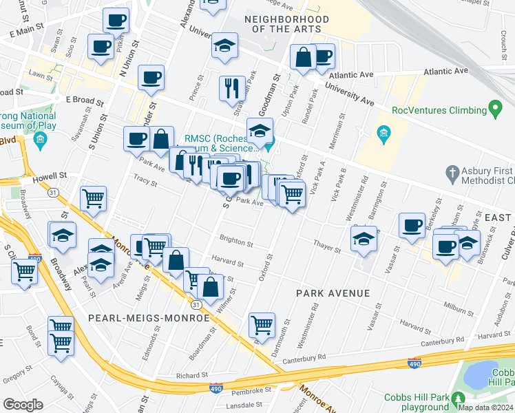 map of restaurants, bars, coffee shops, grocery stores, and more near 308 Park Avenue in Rochester