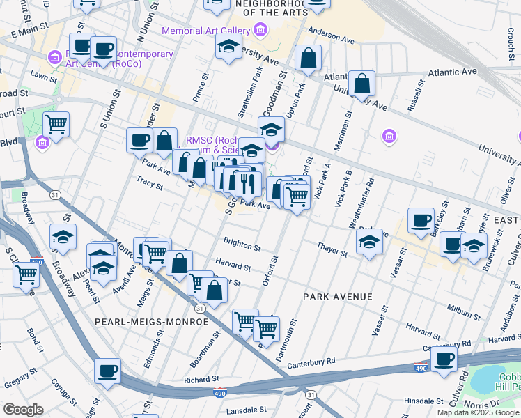 map of restaurants, bars, coffee shops, grocery stores, and more near 308 Park Avenue in Rochester