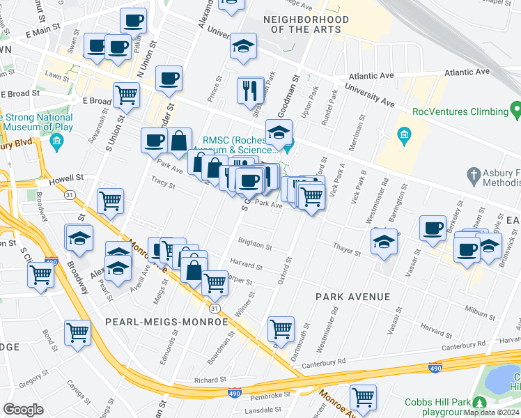 map of restaurants, bars, coffee shops, grocery stores, and more near 254 Park Avenue in Rochester