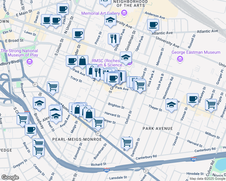 map of restaurants, bars, coffee shops, grocery stores, and more near 206 Park Avenue in Rochester