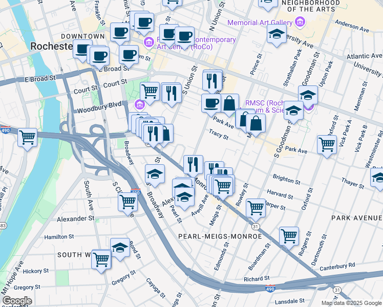 map of restaurants, bars, coffee shops, grocery stores, and more near 59 Priem Street in Rochester