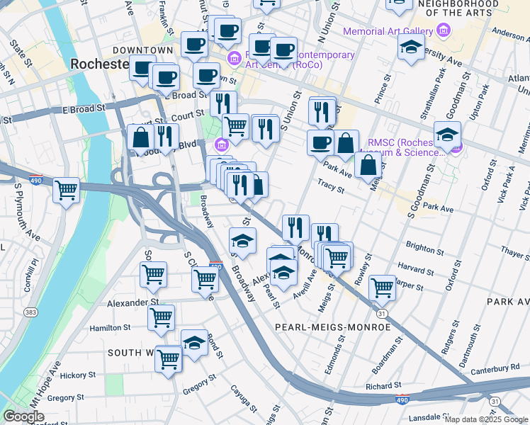 map of restaurants, bars, coffee shops, grocery stores, and more near 120 South Union Street in Rochester