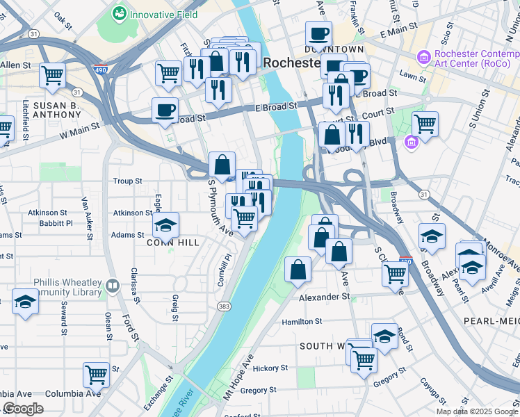 map of restaurants, bars, coffee shops, grocery stores, and more near 134 South Fitzhugh Street in Rochester
