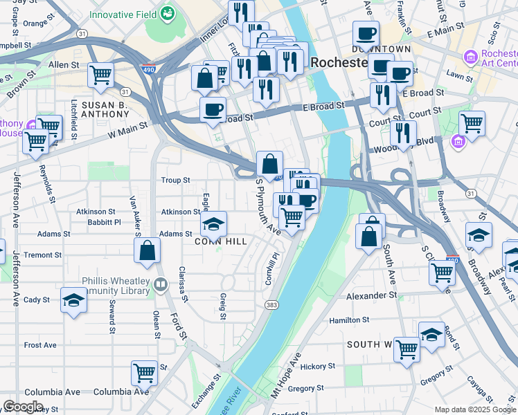 map of restaurants, bars, coffee shops, grocery stores, and more near 225 South Plymouth Avenue in Rochester