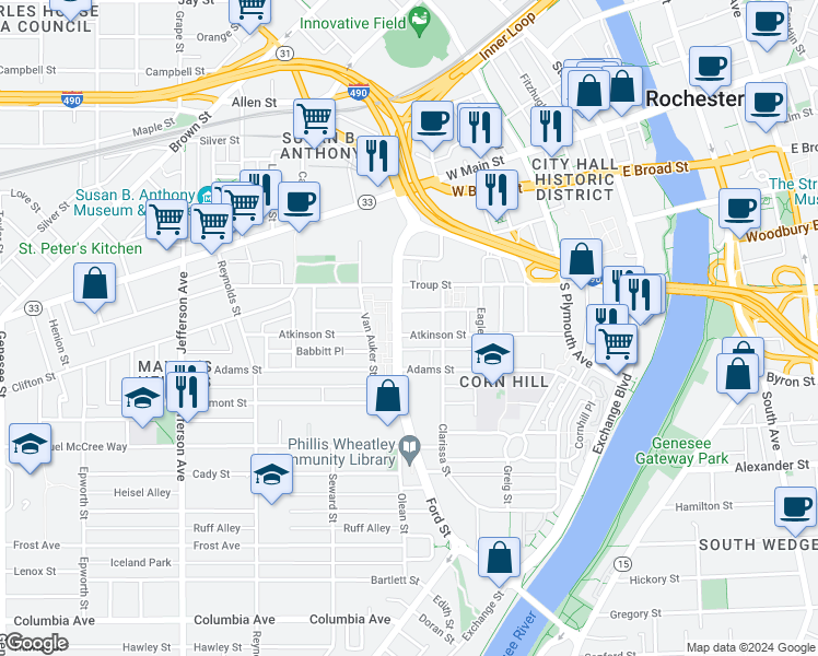 map of restaurants, bars, coffee shops, grocery stores, and more near 140 Van Auker Street in Rochester