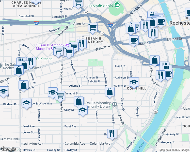 map of restaurants, bars, coffee shops, grocery stores, and more near 68 Waverly Place in Rochester