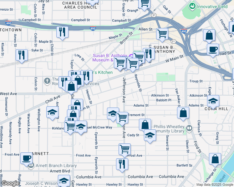 map of restaurants, bars, coffee shops, grocery stores, and more near in Rochester