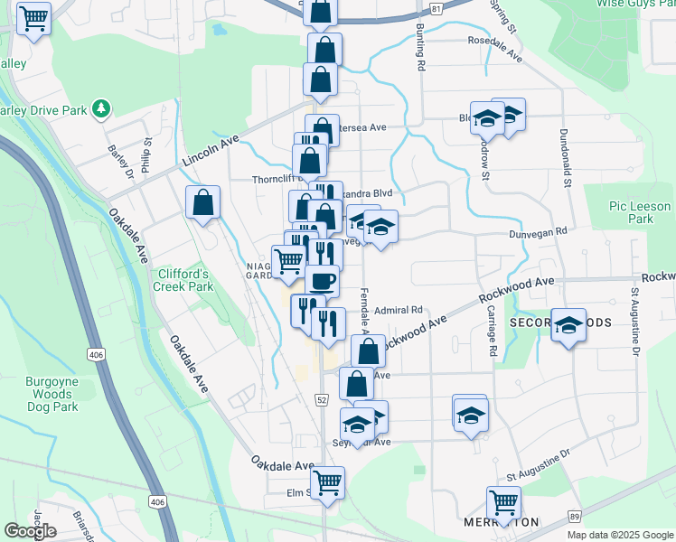 map of restaurants, bars, coffee shops, grocery stores, and more near 116 Hartzel Road in St. Catharines