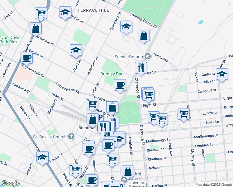 map of restaurants, bars, coffee shops, grocery stores, and more near 18 Burnley Avenue in Brantford