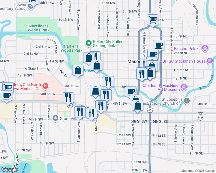 map of restaurants, bars, coffee shops, grocery stores, and more near 111 S Madison Ave in Mason City