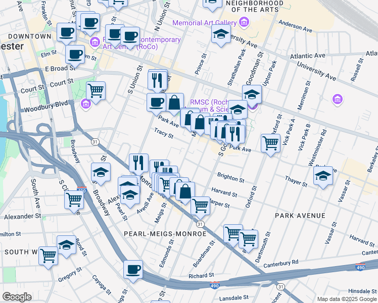 map of restaurants, bars, coffee shops, grocery stores, and more near 204 Meigs Street in Rochester