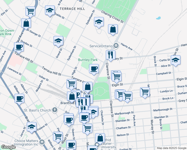 map of restaurants, bars, coffee shops, grocery stores, and more near 10 Burnley Avenue in Brantford