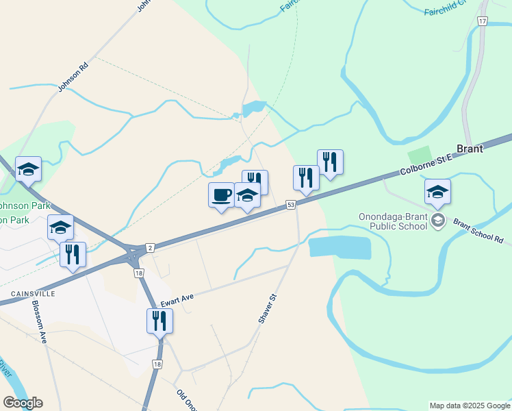 map of restaurants, bars, coffee shops, grocery stores, and more near 1320 Colborne Street East in Brantford