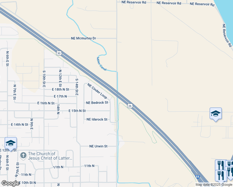 map of restaurants, bars, coffee shops, grocery stores, and more near Interstate 84 in Mountain Home