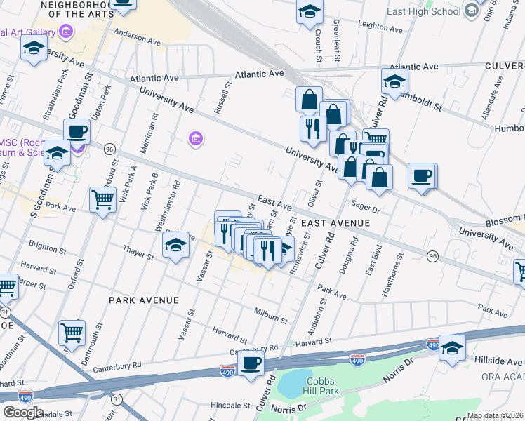 map of restaurants, bars, coffee shops, grocery stores, and more near 1080 East Avenue in Rochester