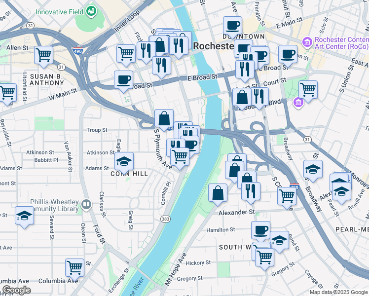 map of restaurants, bars, coffee shops, grocery stores, and more near 134 South Fitzhugh Street in Rochester