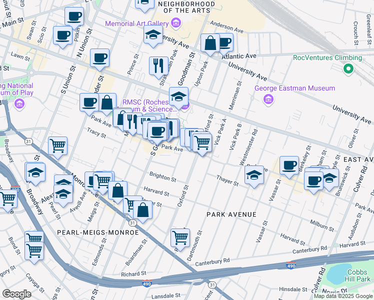 map of restaurants, bars, coffee shops, grocery stores, and more near 1 Girton Place in Rochester