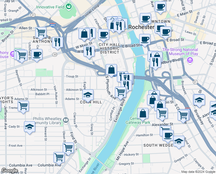 map of restaurants, bars, coffee shops, grocery stores, and more near 241 Plymouth Avenue South in Rochester