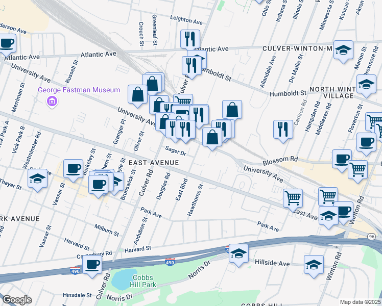map of restaurants, bars, coffee shops, grocery stores, and more near 85 East Boulevard in Rochester