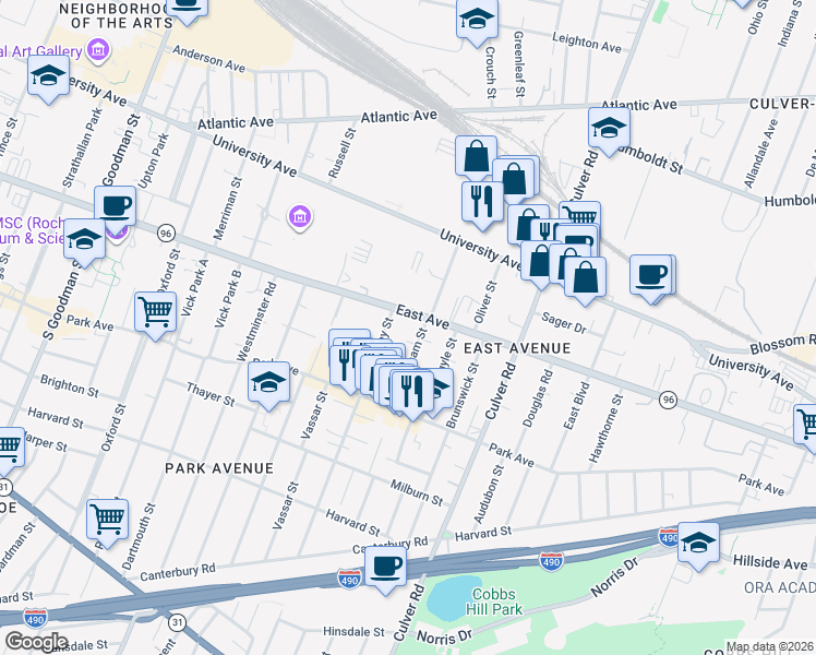 map of restaurants, bars, coffee shops, grocery stores, and more near 1080 East Avenue in Rochester