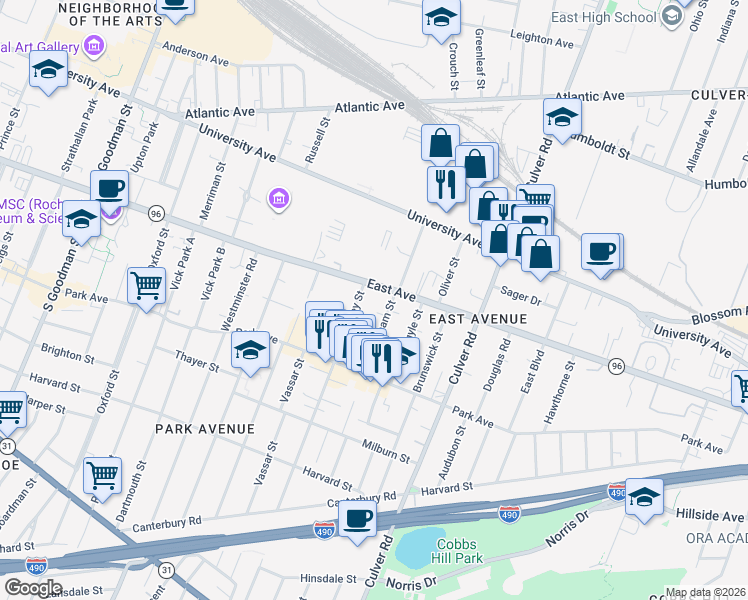 map of restaurants, bars, coffee shops, grocery stores, and more near 1080 East Avenue in Rochester