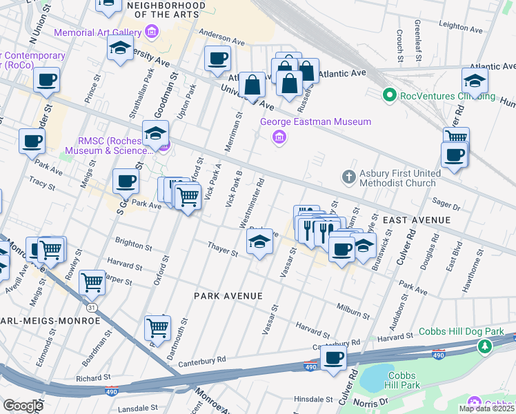 map of restaurants, bars, coffee shops, grocery stores, and more near 50 Westminster Road in Rochester