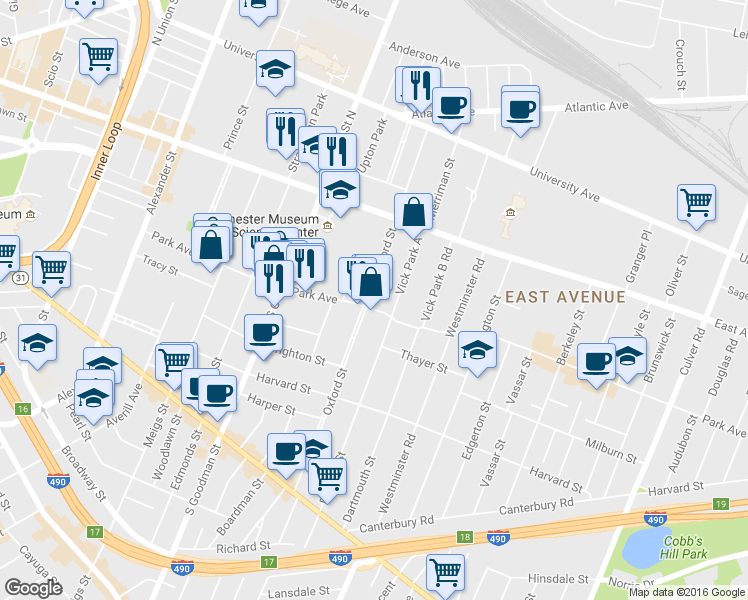 map of restaurants, bars, coffee shops, grocery stores, and more near 240 Oxford Street in Rochester