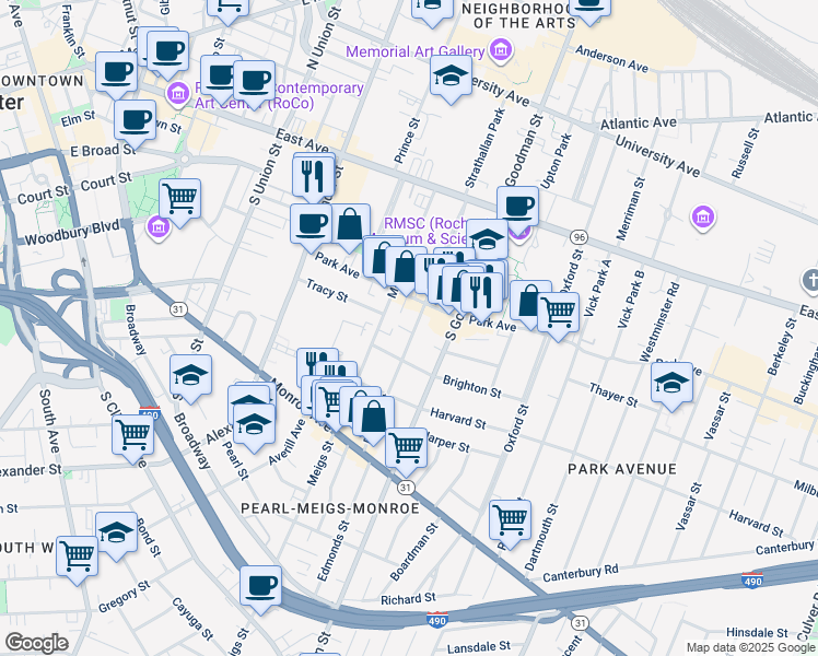 map of restaurants, bars, coffee shops, grocery stores, and more near in Rochester