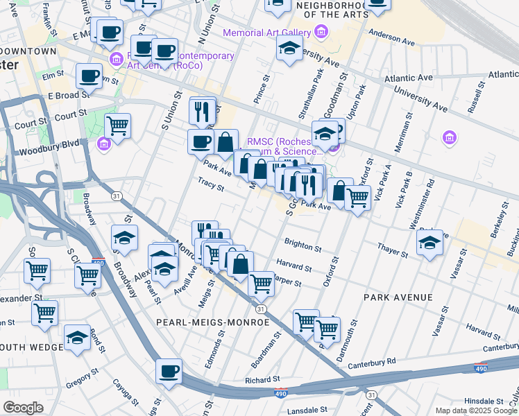 map of restaurants, bars, coffee shops, grocery stores, and more near in Rochester