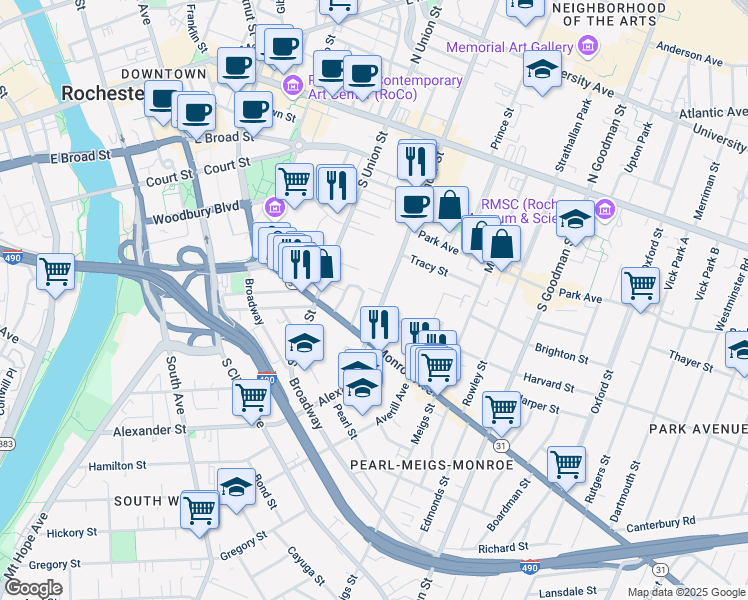 map of restaurants, bars, coffee shops, grocery stores, and more near 59 Priem Street in Rochester
