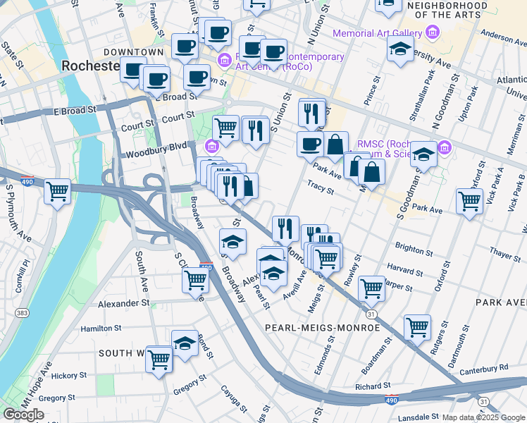 map of restaurants, bars, coffee shops, grocery stores, and more near 59 Priem Street in Rochester