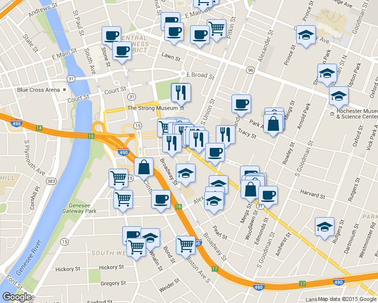 map of restaurants, bars, coffee shops, grocery stores, and more near 120 South Union Street in Rochester
