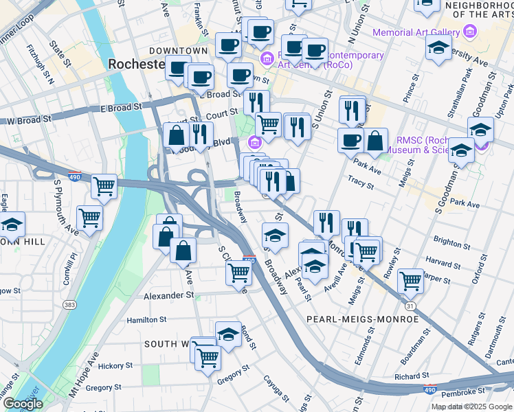 map of restaurants, bars, coffee shops, grocery stores, and more near 72 Marshall Street in Rochester