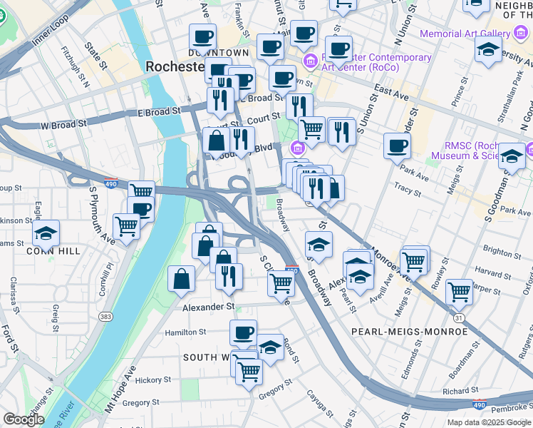map of restaurants, bars, coffee shops, grocery stores, and more near 40 Marshall Street in Rochester