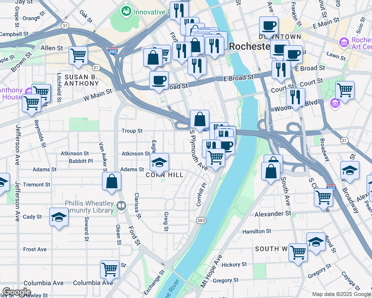 map of restaurants, bars, coffee shops, grocery stores, and more near 225 South Plymouth Avenue in Rochester