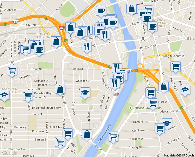 map of restaurants, bars, coffee shops, grocery stores, and more near 225 South Plymouth Avenue in Rochester