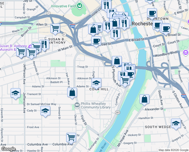 map of restaurants, bars, coffee shops, grocery stores, and more near 11 Eagle Street in Rochester