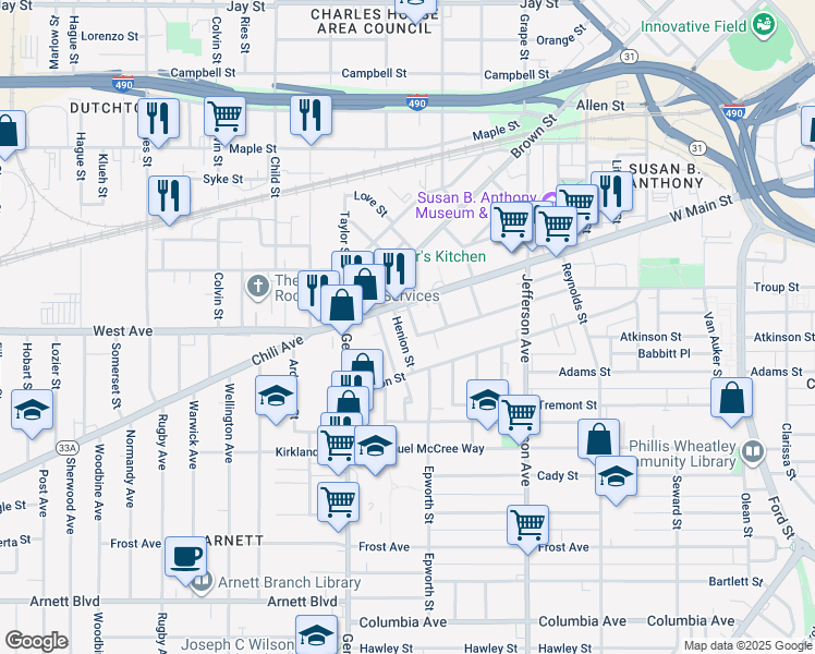 map of restaurants, bars, coffee shops, grocery stores, and more near 799 West Main Street in Rochester