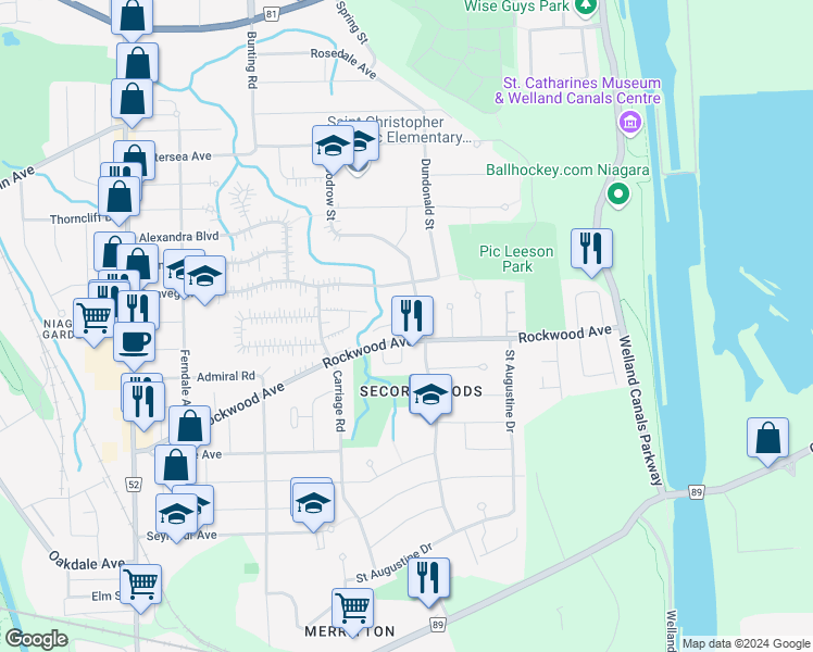 map of restaurants, bars, coffee shops, grocery stores, and more near in St. Catharines