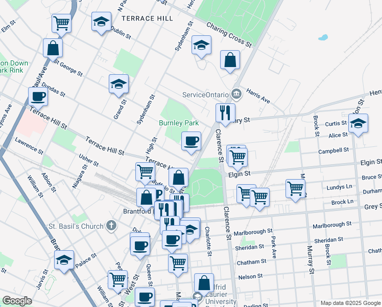 map of restaurants, bars, coffee shops, grocery stores, and more near 18 Burnley Avenue in Brantford