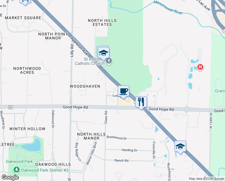 map of restaurants, bars, coffee shops, grocery stores, and more near n72w13536 Lund Lane in Menomonee Falls