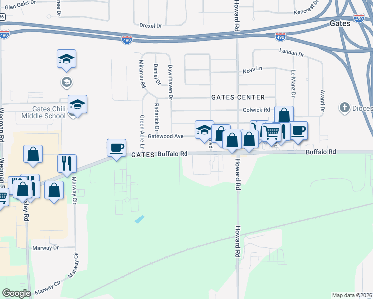 map of restaurants, bars, coffee shops, grocery stores, and more near 1652 Buffalo Road in Rochester