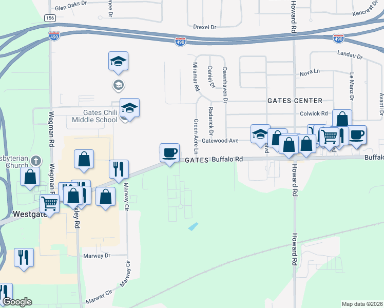map of restaurants, bars, coffee shops, grocery stores, and more near 9 Green Acre Lane in Rochester