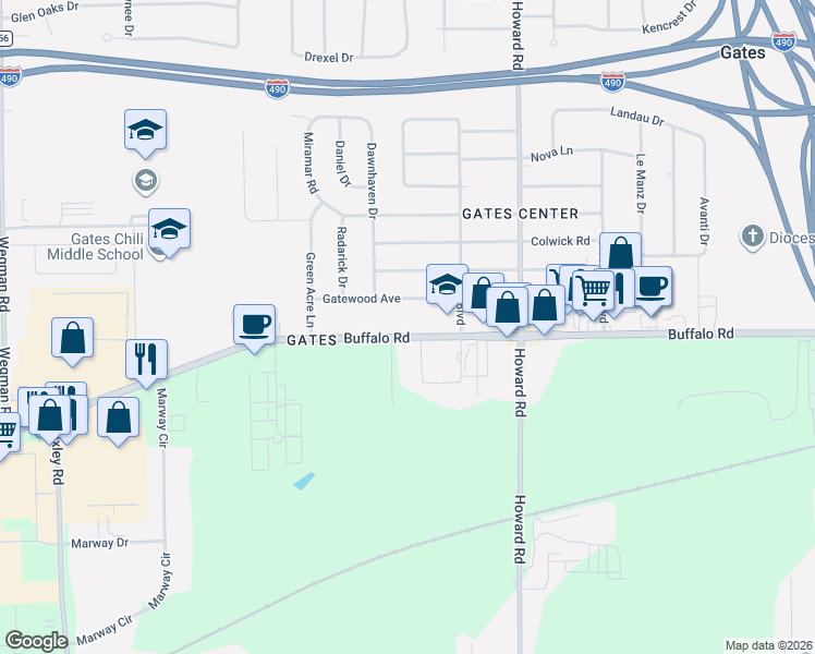 map of restaurants, bars, coffee shops, grocery stores, and more near 1660 Buffalo Road in Rochester