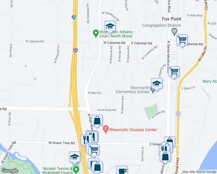 map of restaurants, bars, coffee shops, grocery stores, and more near 7322 North Mohawk Road in Fox Point