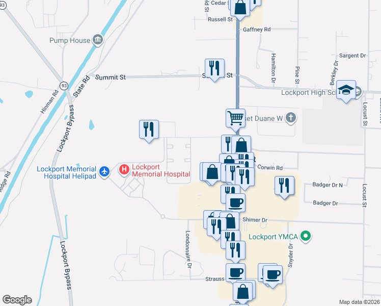 map of restaurants, bars, coffee shops, grocery stores, and more near Ruhlmann Road in Lockport